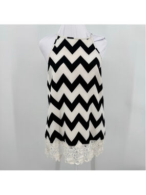 Chevron Striped Cami Lace Trim Cream & Black Tunic Length Sunny Girl Size Small
